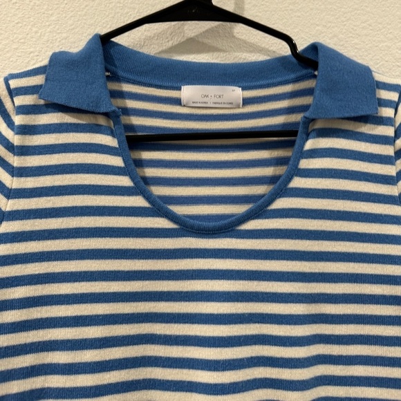 Oak + Fort Knit Blue White Striped Cropped Collared Short Sleeve Tee Size Small - Picture 4 of 14